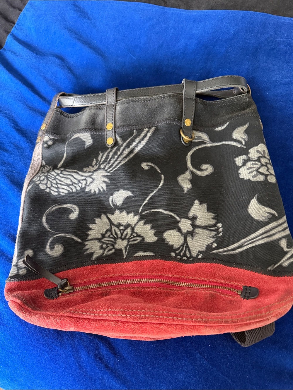 Lucky Brand Black Floral Canvas Backpack with Red Suede Trim